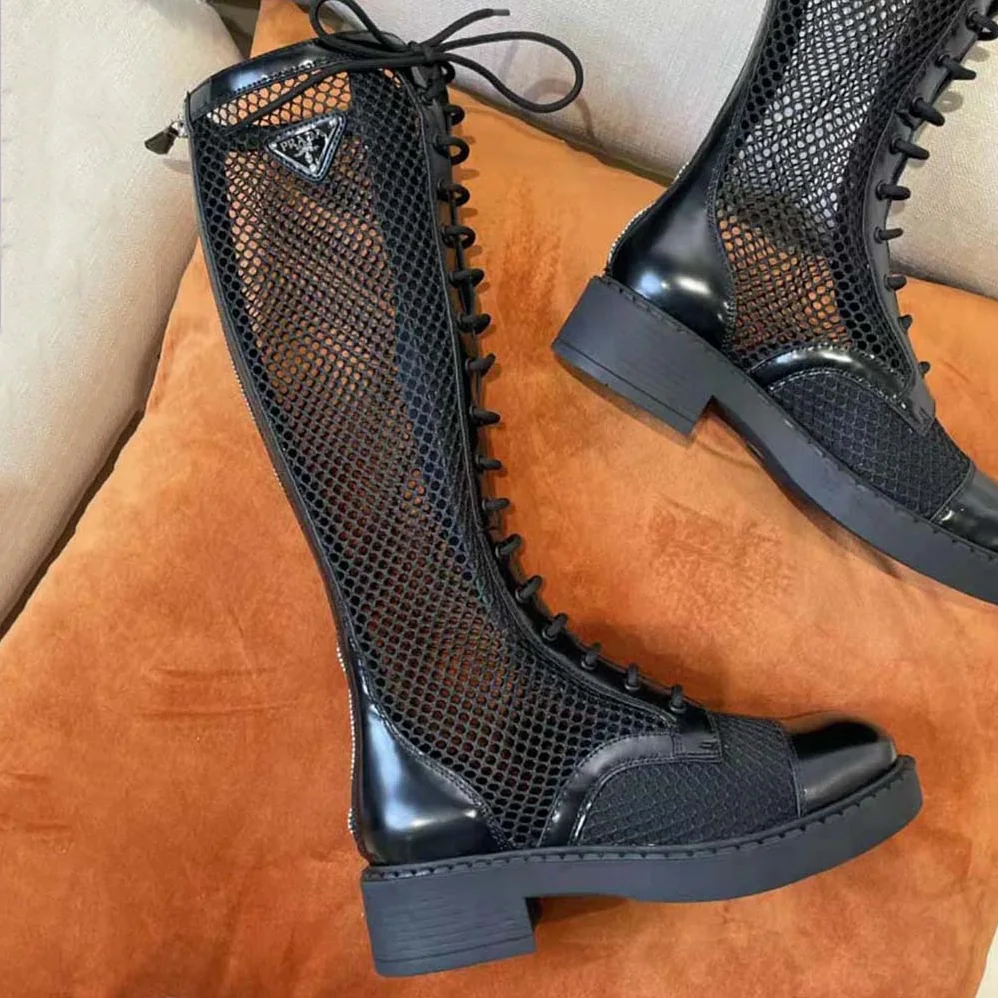 Prada Brushed Leather and Mesh Boots for Women in Black