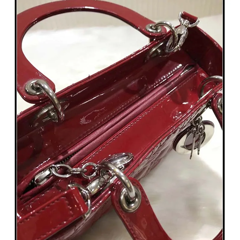 Dior Lady Dior Bag in Patent Cannage Calfskin in Maroon