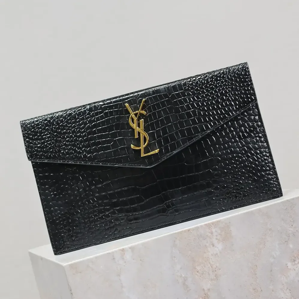 Saint Laurent YSL Uptown Pouch in Crocodile-embossed Shiny Leather for Women in Black