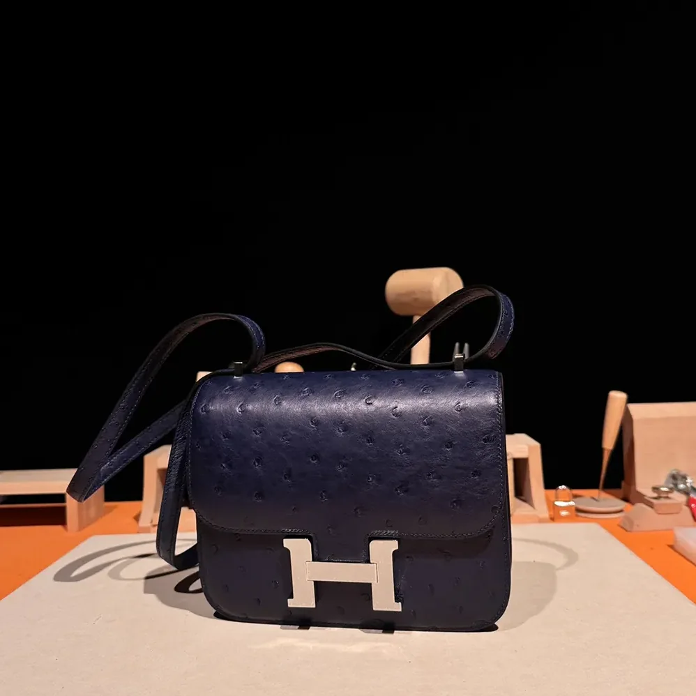 Hermes Constance 19 Bag Nata Ostrich Leather for Women in Navy/Silver