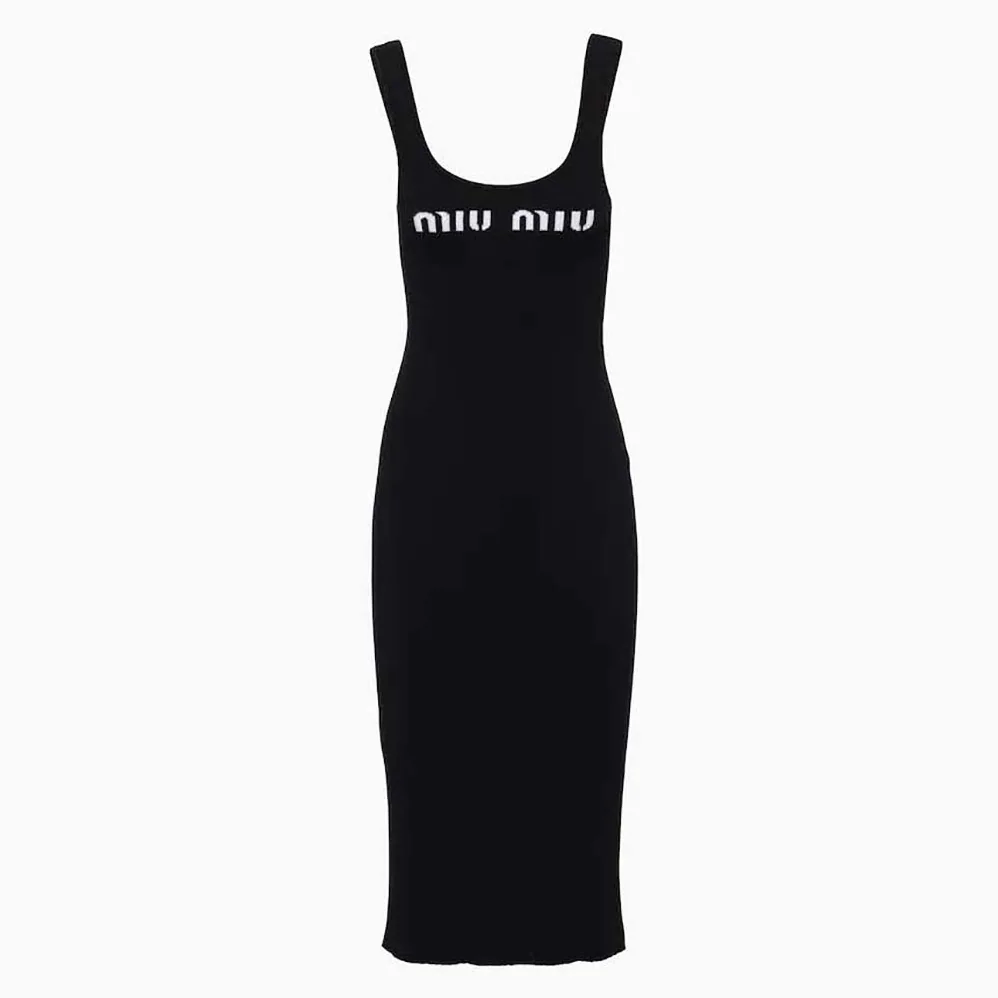 Miu Miu Viscose Dress with Intarsia Logo for Women in Black Miu Miu Viscose Dress with Intarsia Logo for Women in Black