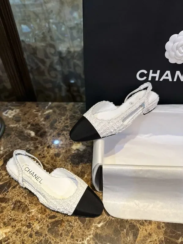 Chanel Sling Back Tweed Sandals White Chanel Sling Back Tweed Sandals White