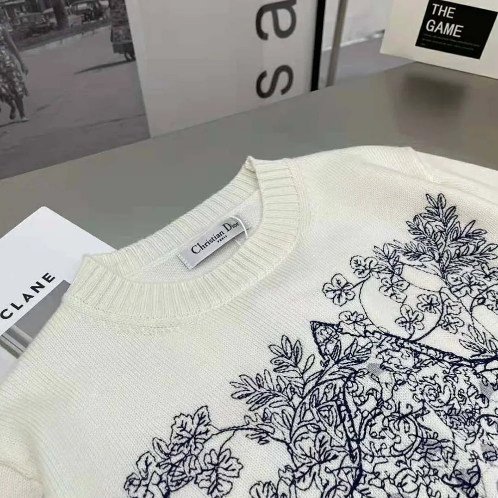 Dior Sweater Ecru Cashmere Knit with Blue Dior Sevilla Star Motif for Women