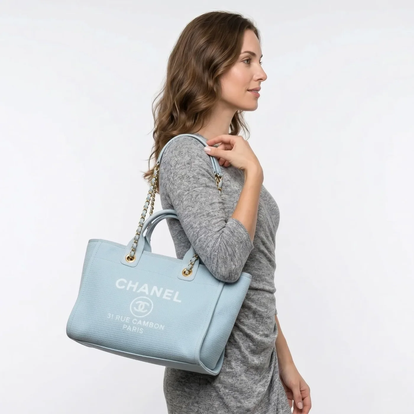 Chanel Deauville Small Tote Bag in Light Blue Gold Hardware Chanel Deauville Small Tote Bag in Light Blue Gold Hardware