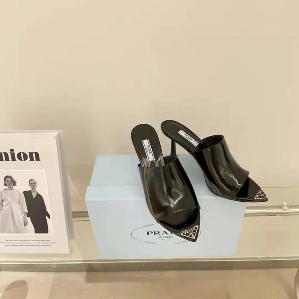 Prada Brushed Leather High-Heel Slides in 75mm Heel Height for Women