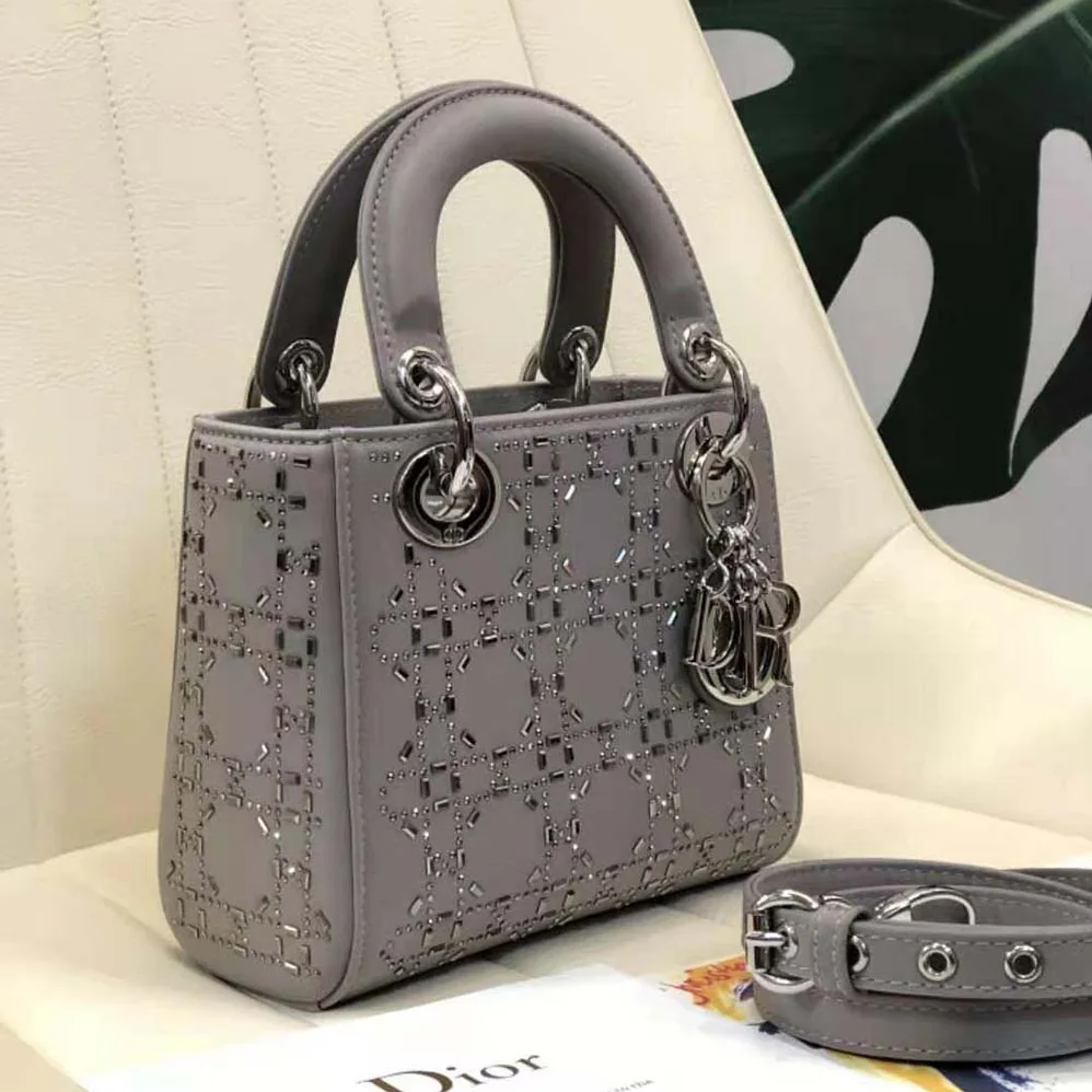 Dior Mini Lady Dior Bag Gray Strass Cannage Satin for Women