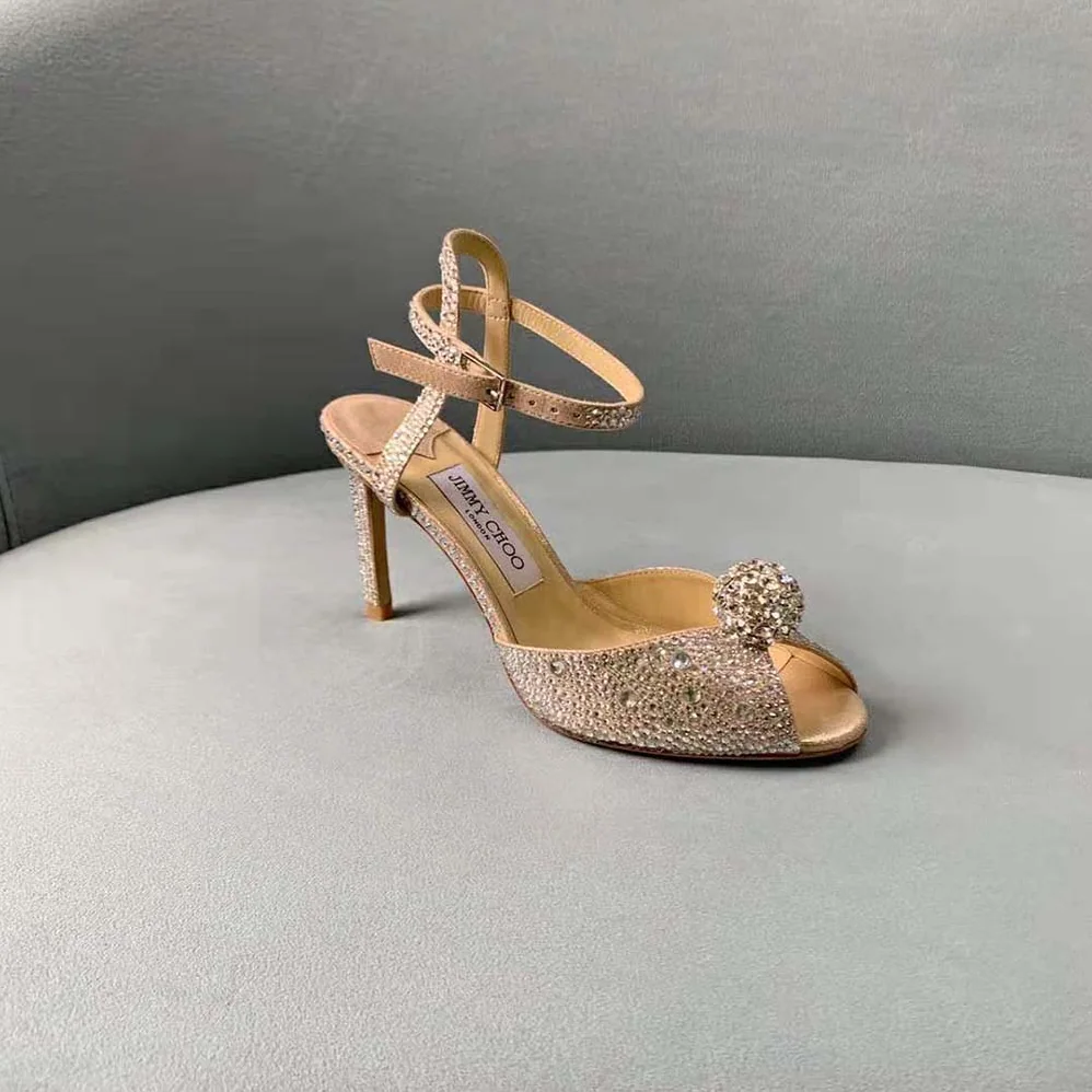 Jimmy Choo Sacora 100 Nude Suede Sandals with Hotfix Crystals and Sphere Detail for Women Jimmy Choo Sacora 100 Nude Suede Sandals with Hotfix Crystals and Sphere Detail for Women
