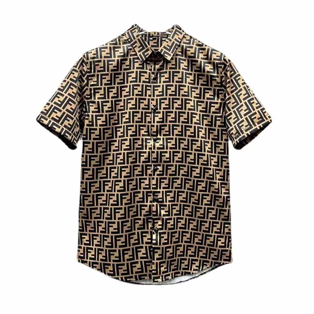Fendi Brown Silk Shirt with FF Motif Printed All Over for Men Fendi Brown Silk Shirt with FF Motif Printed All Over for Men