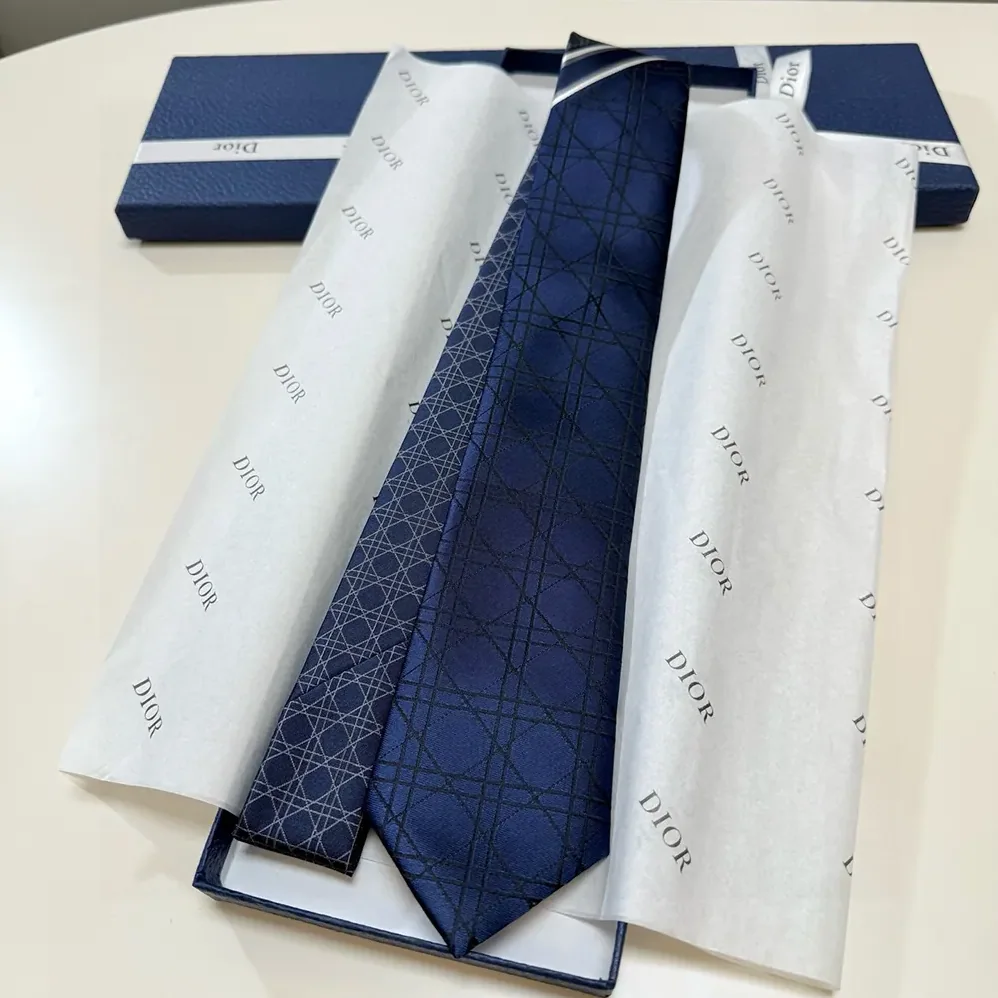 Dior Striped Cannage Tie Navy Blue Gray and White Silk for Men