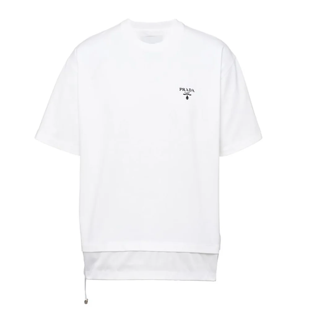Prada Cotton T-Shirt with Nylon Details for Women in White Prada Cotton T-Shirt with Nylon Details for Women in White