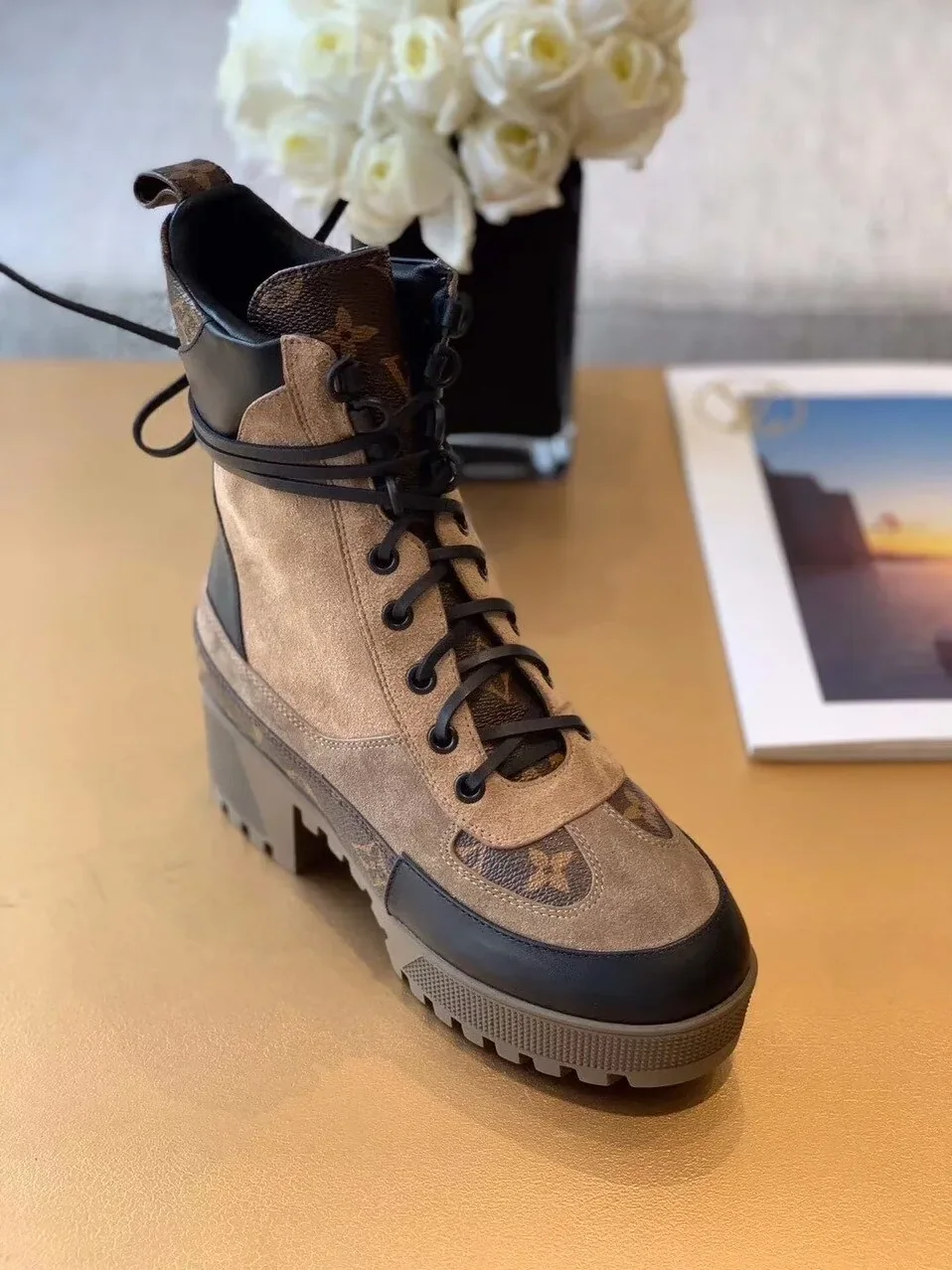 Louis Vuitton Laureate Desert Boots Patent Monogram Material Brown LV 1A4XYE