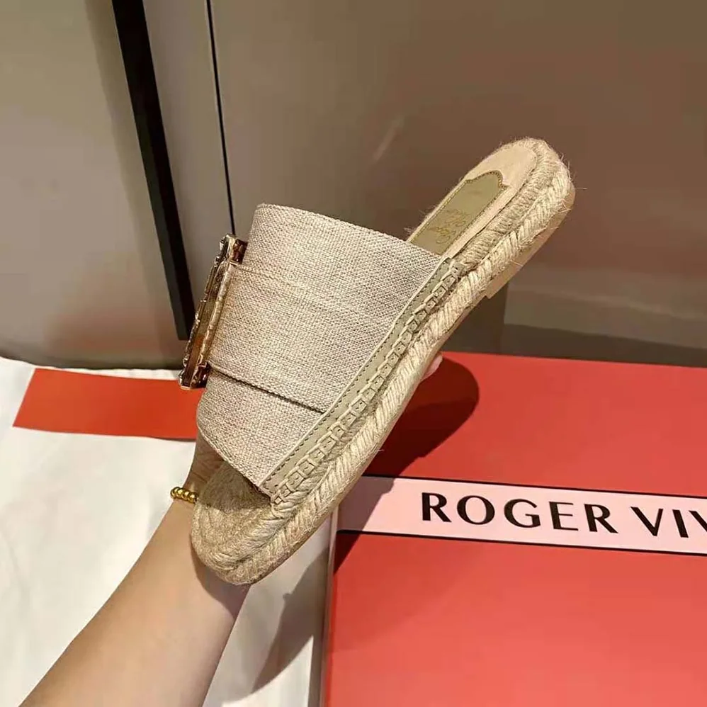 Roger Vivier Strass Buckle Espadrille Mules in Fabrics