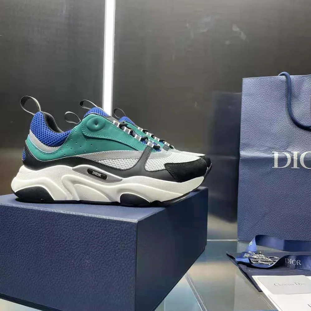Dior B22 Sneaker White and Blue Technical Mesh with Deep Green and Black Smooth Calfskin for Men