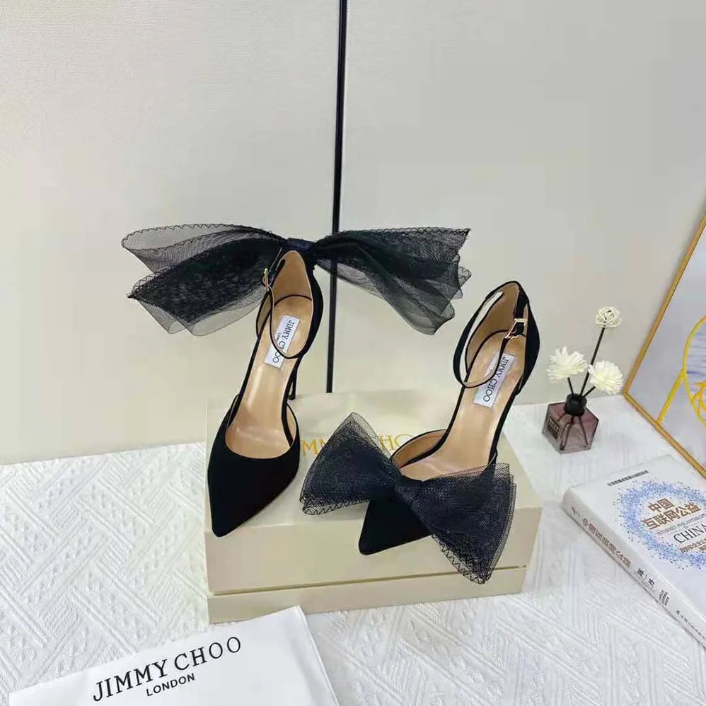 Jimmy Choo Averly 100 Black Pumps with Asymmetric Grosgrain Mesh Fascinator Bows for Women Jimmy Choo Averly 100 Black Pumps with Asymmetric Grosgrain Mesh Fascinator Bows for Women