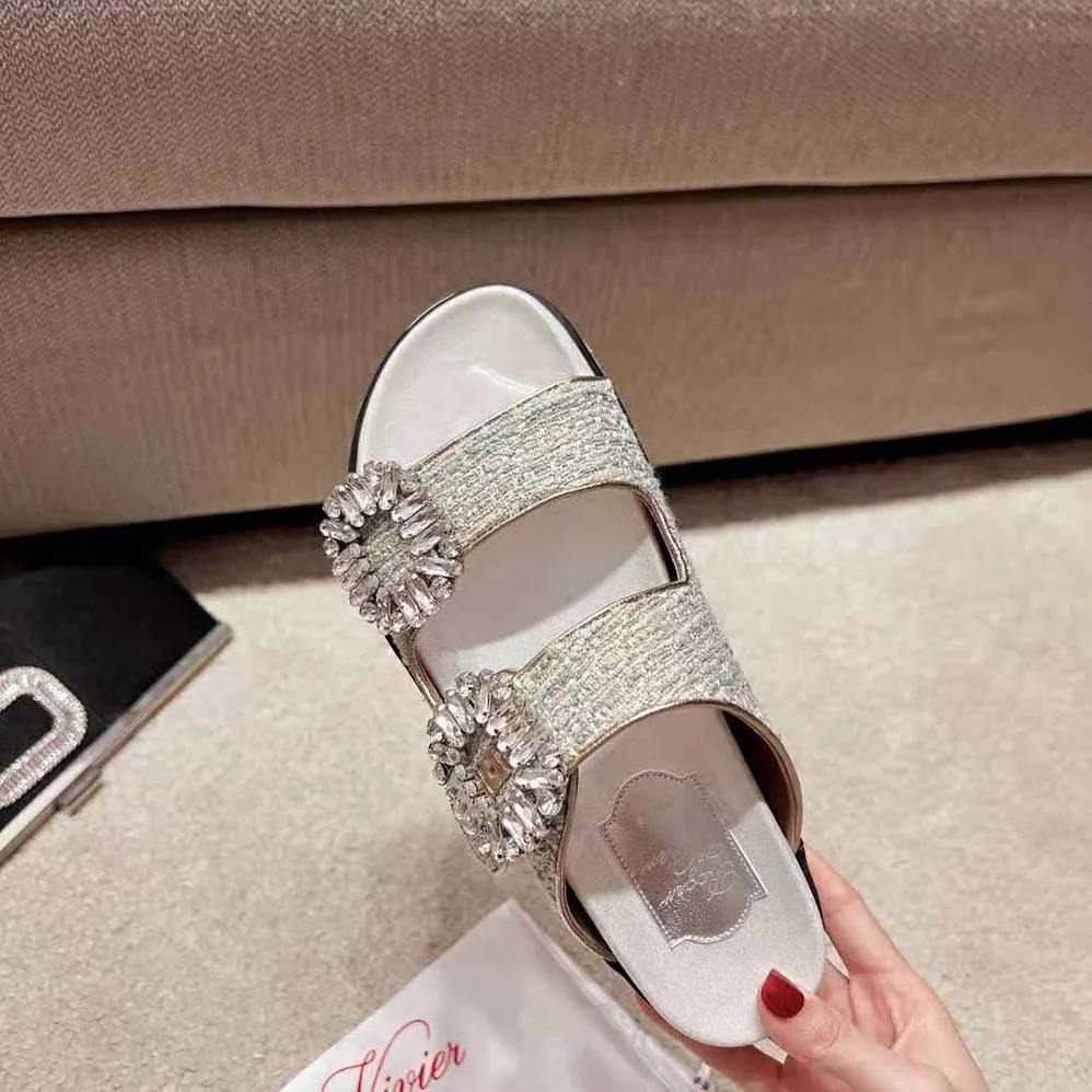 Roger Vivier Slidy Viv Strass Buckle Mules in Fabrics for Women in Silver