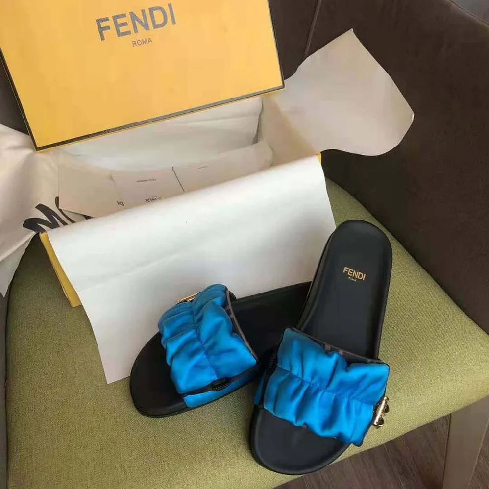 Fendi Vertigo Light Blue Satin Slides for Women