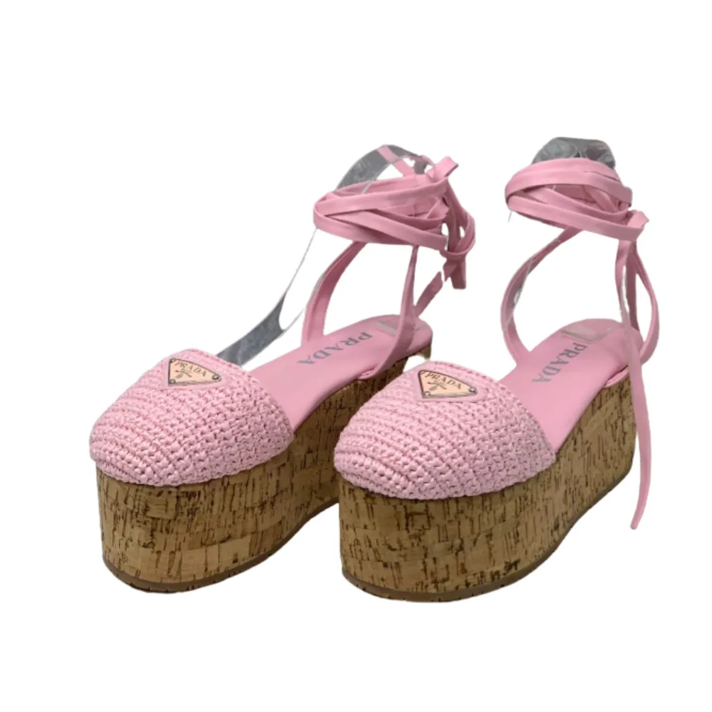 Prada Crochet Wedge Sandals Pink