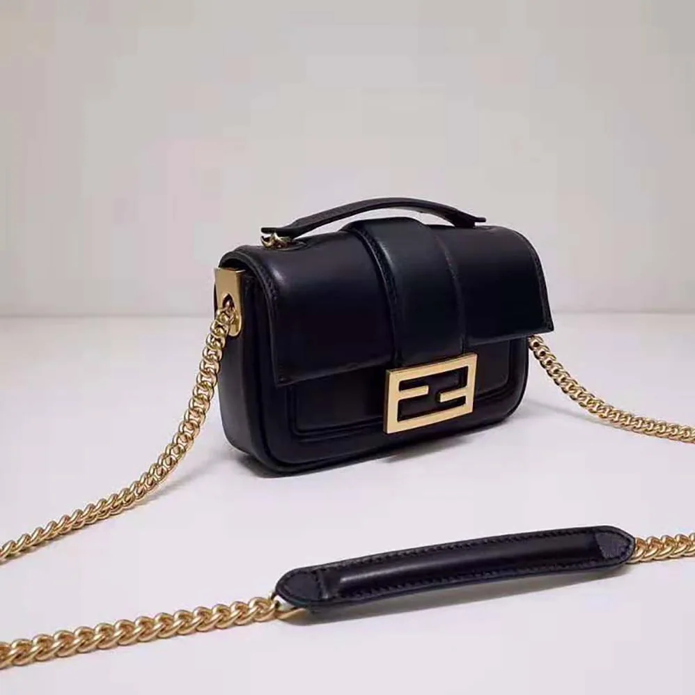 Fendi Mini Baguette Chain Black Nappa Leather Bag for Women Fendi Mini Baguette Chain Black Nappa Leather Bag for Women
