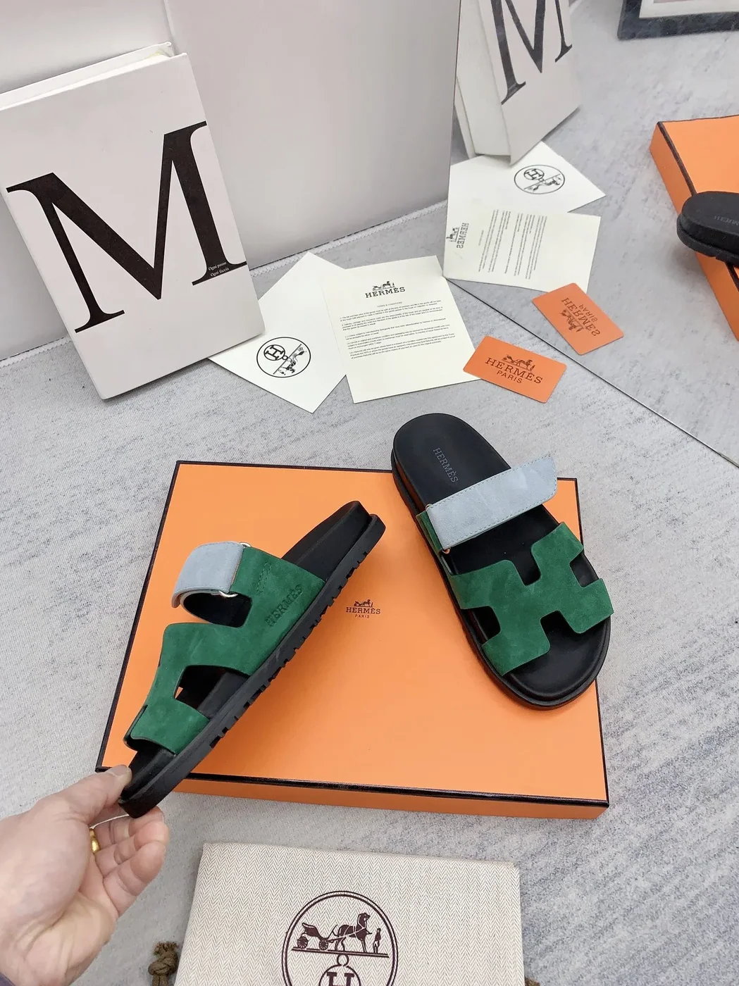 Hermes Chypre Sandal Green in Blue Hermes Chypre Sandal Green in Blue