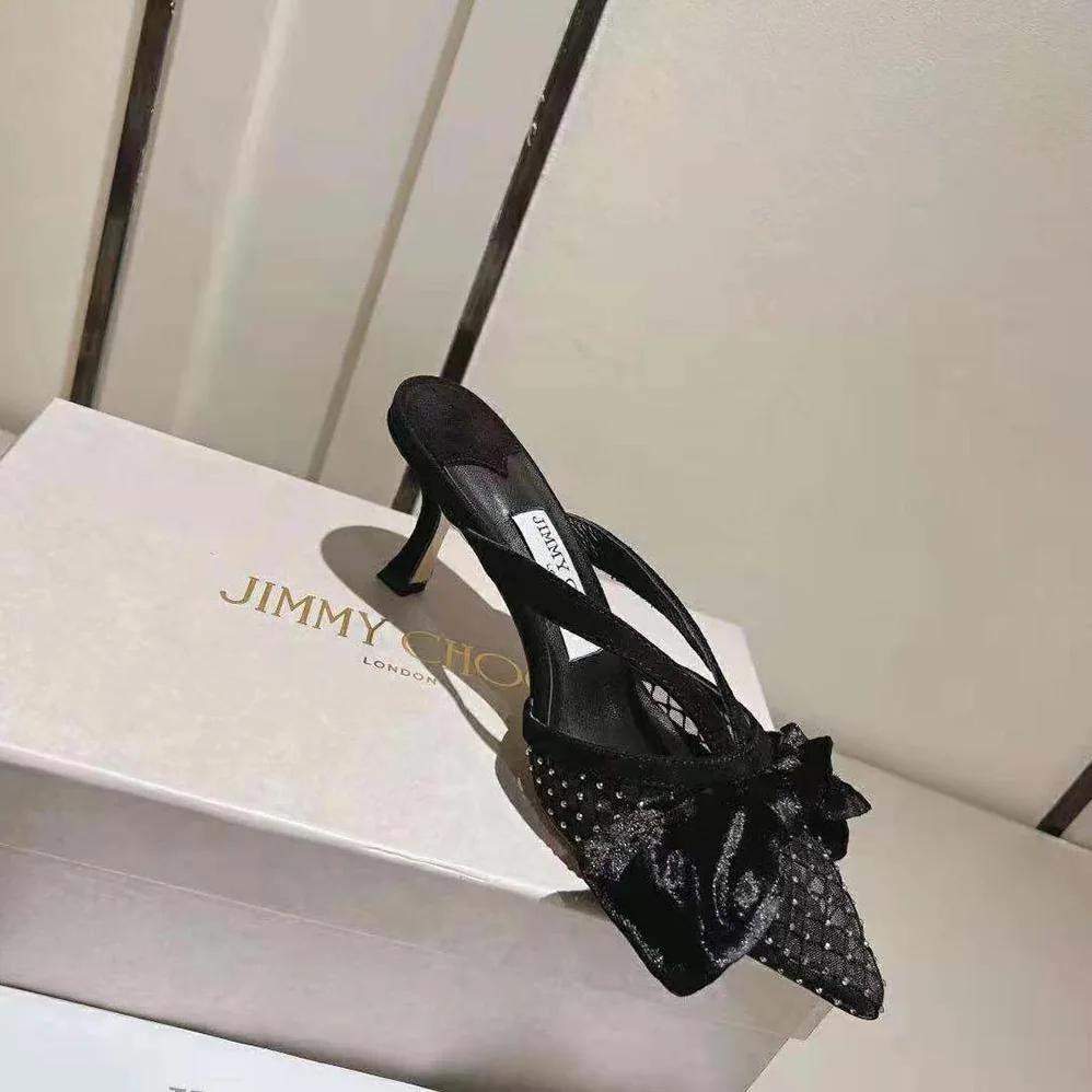 Jimmy Choo Flaca Mule 50 Black Crystal Mesh Mules with Bows for Women Jimmy Choo Flaca Mule 50 Black Crystal Mesh Mules with Bows for Women