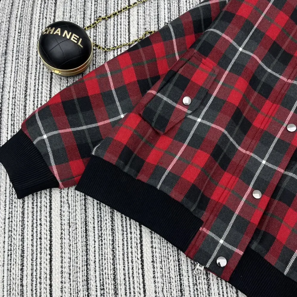Dior Cannage Bomber Jacket with Vest Red, Gray and Black Check'n'Dior Virgin Wool for Women