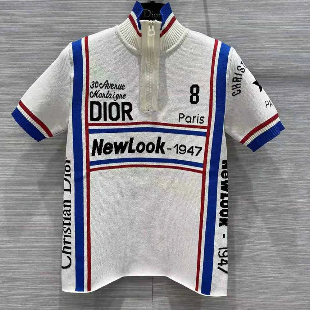 Dior Stand Collar Top White and Tricolor Stretch Viscose for Women