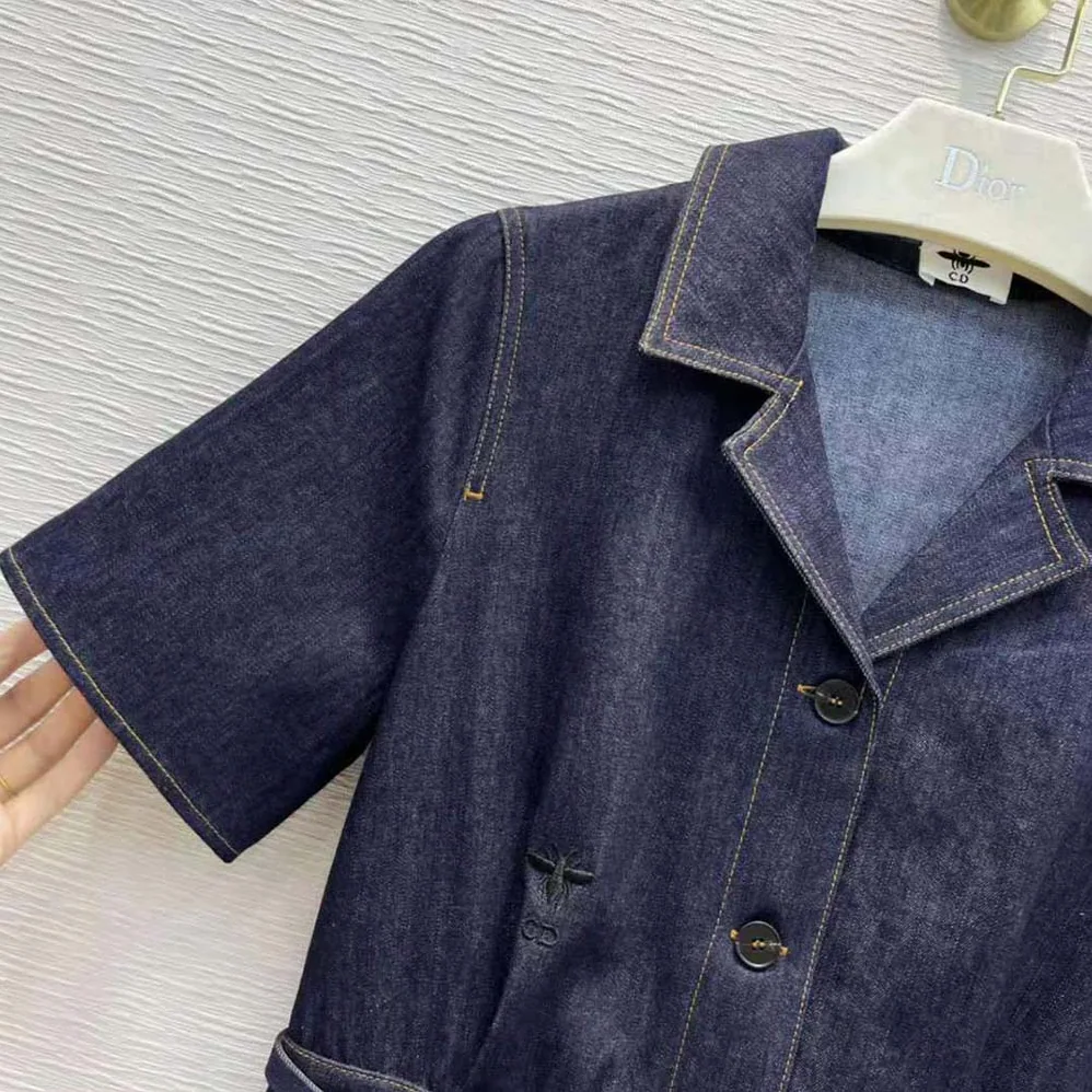 Dior Mid-Length Short-Sleeved Dress Deep Blue Cotton Denim for Women Dior Mid-Length Short-Sleeved Dress Deep Blue Cotton Denim for Women
