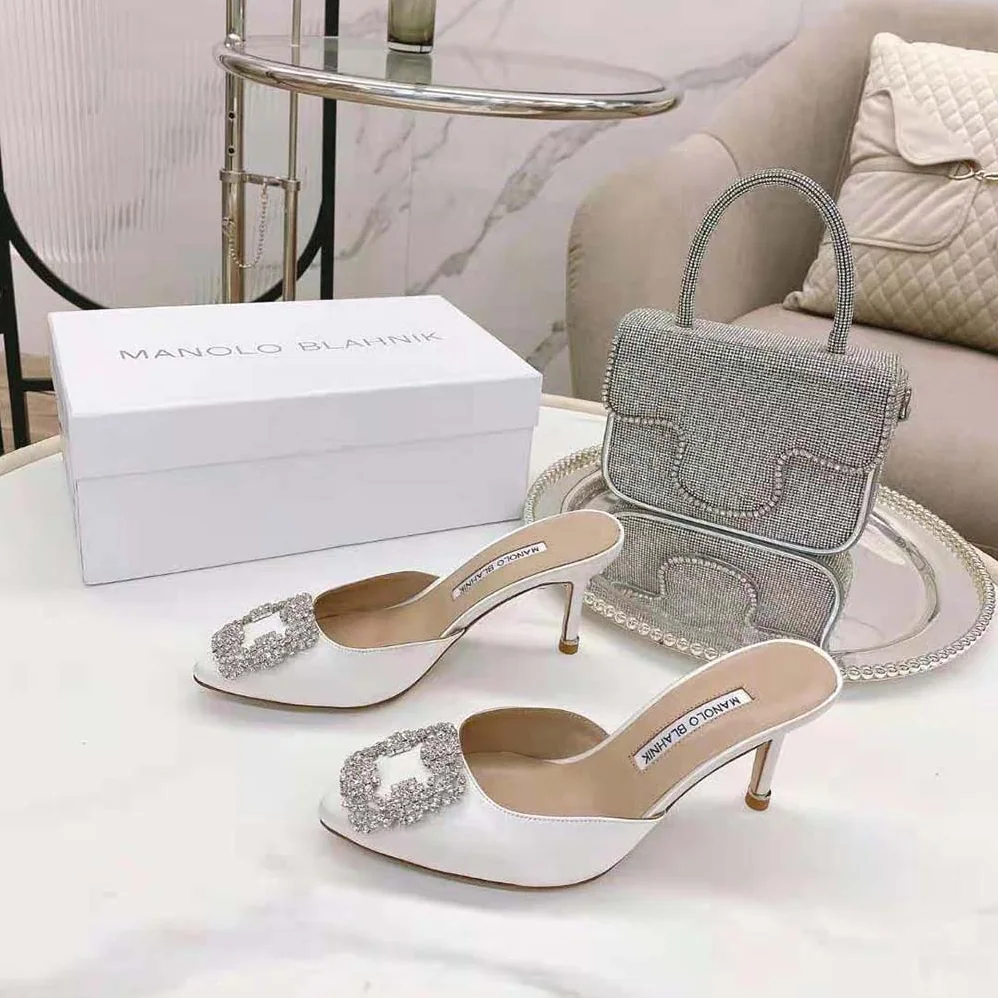 Manolo Blahnik Off-White Satin Jewel Buckle Mules for Women