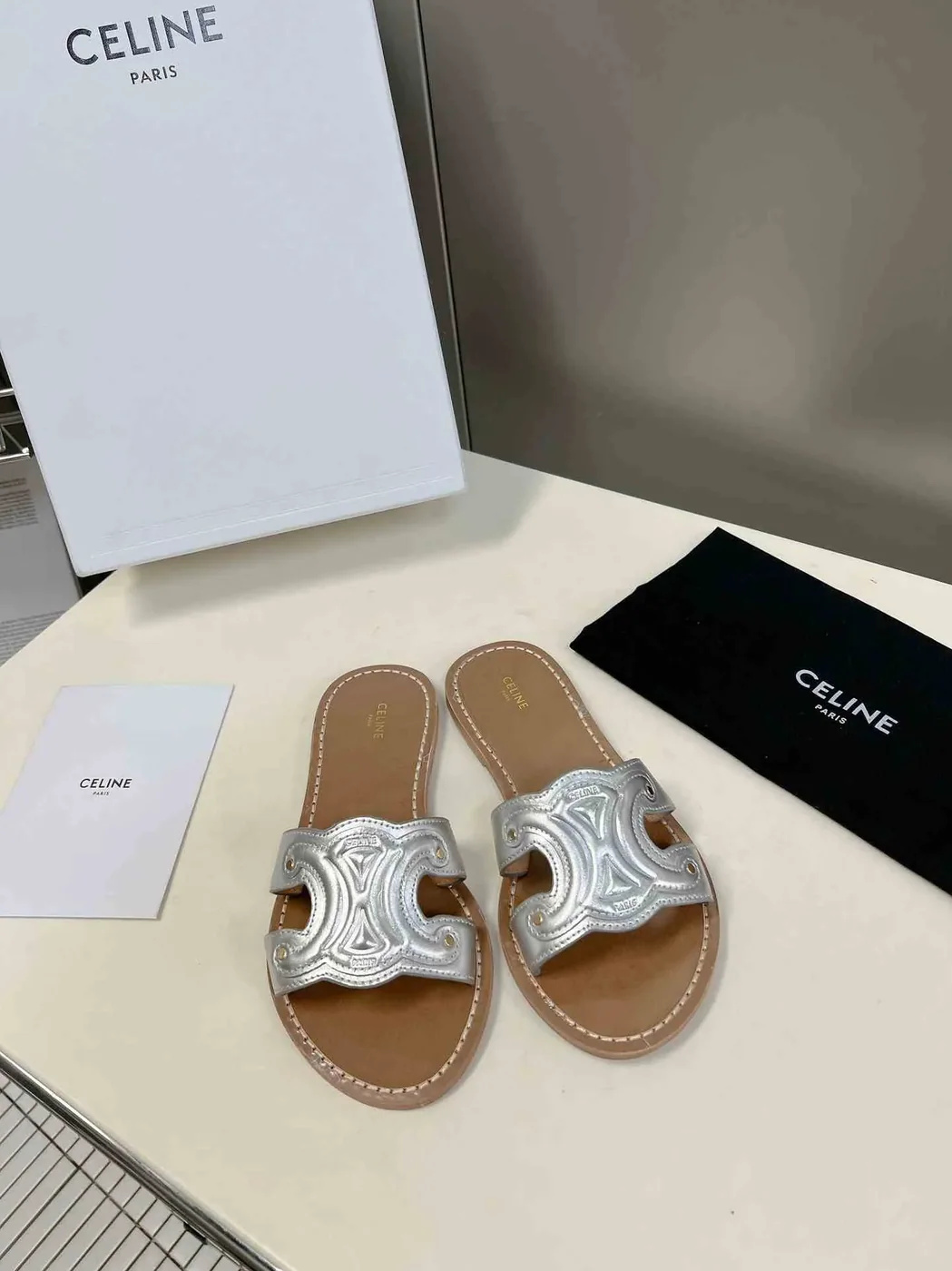 Celine Triomphe Mule In Metalized Sliver Tone .36PN Celine Triomphe Mule In Metalized Sliver Tone .36PN
