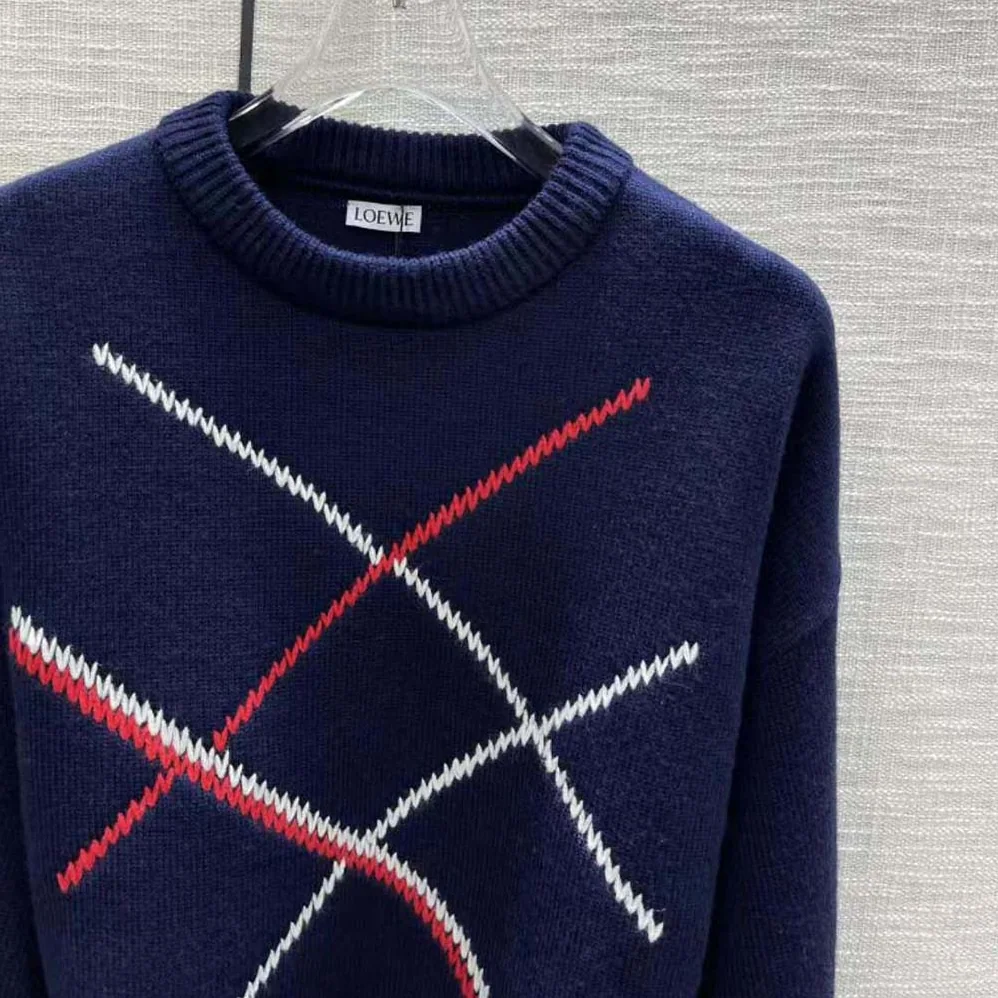 Loewe Cropped Argyle Sweater in Wool for Women in Navy Loewe Cropped Argyle Sweater in Wool for Women in Navy