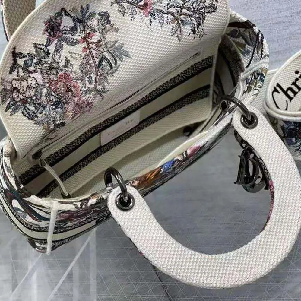 Dior Medium Lady D-lite Bag Ecru Multicolor Dior Jardin D'Hiver Embroidery for Women