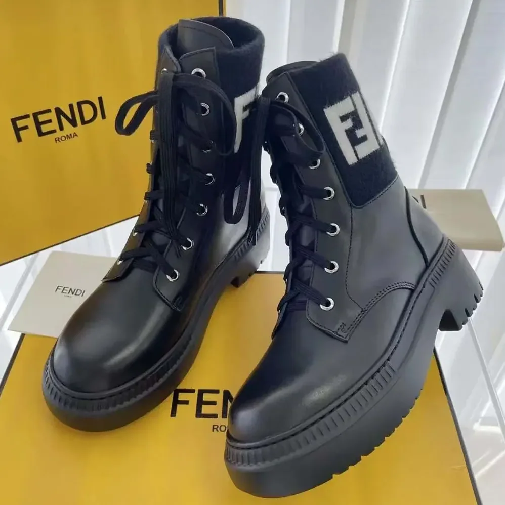 Fendi Rockoko Black Leather Biker Boots with FF Jacquard Motif for Women Fendi Rockoko Black Leather Biker Boots with FF Jacquard Motif for Women