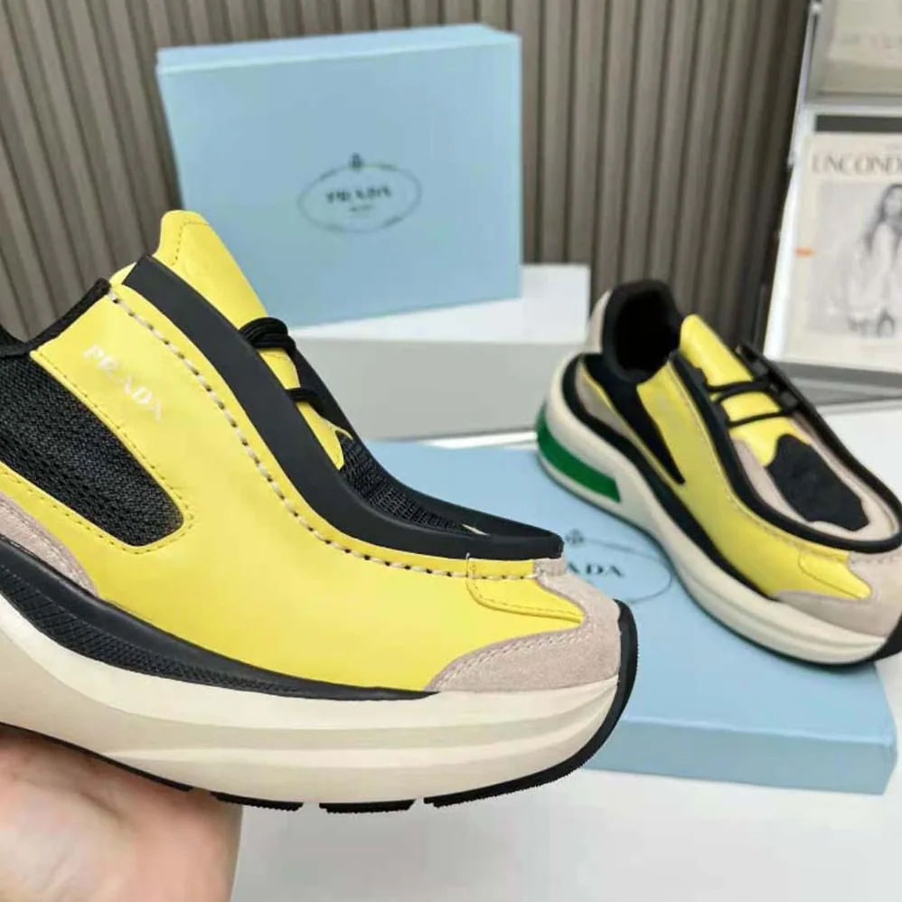 Prada Systeme Brushed Leather Sneakers with Bike Fabric and Suede Elements for Men in Yellow