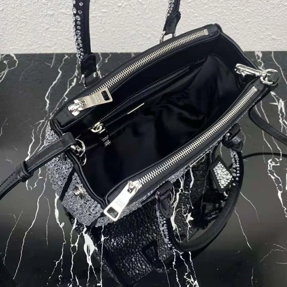 Prada Galleria Satin Mini-Bag with Crystals for Women in Black Prada Galleria Satin Mini-Bag with Crystals for Women in Black