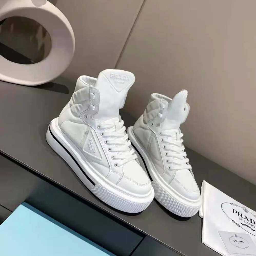 Prada Macro Re-Nylon and Brushed Leather High-top Sneakers for Women in White