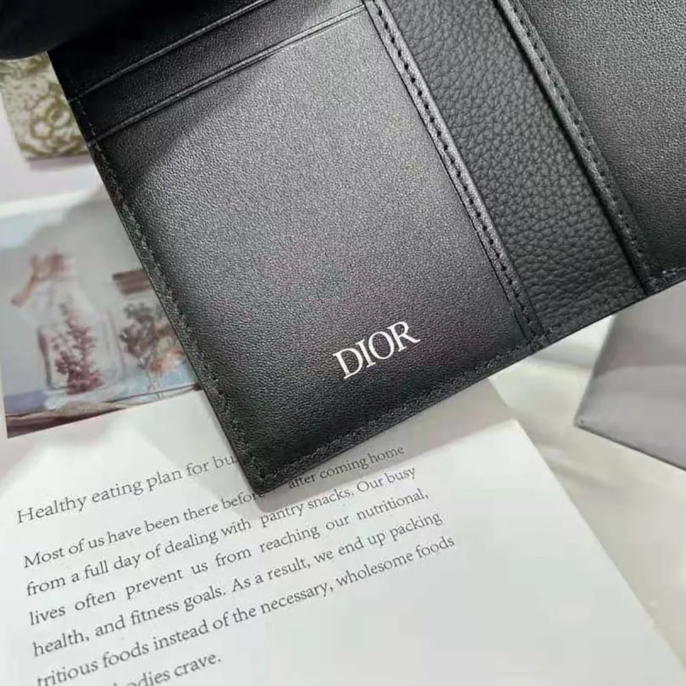 Dior Saddle Bi-fold Card Holder Black Grained Calfskin Leather Marquetry for Men Dior Saddle Bi-fold Card Holder Black Grained Calfskin Leather Marquetry for Men