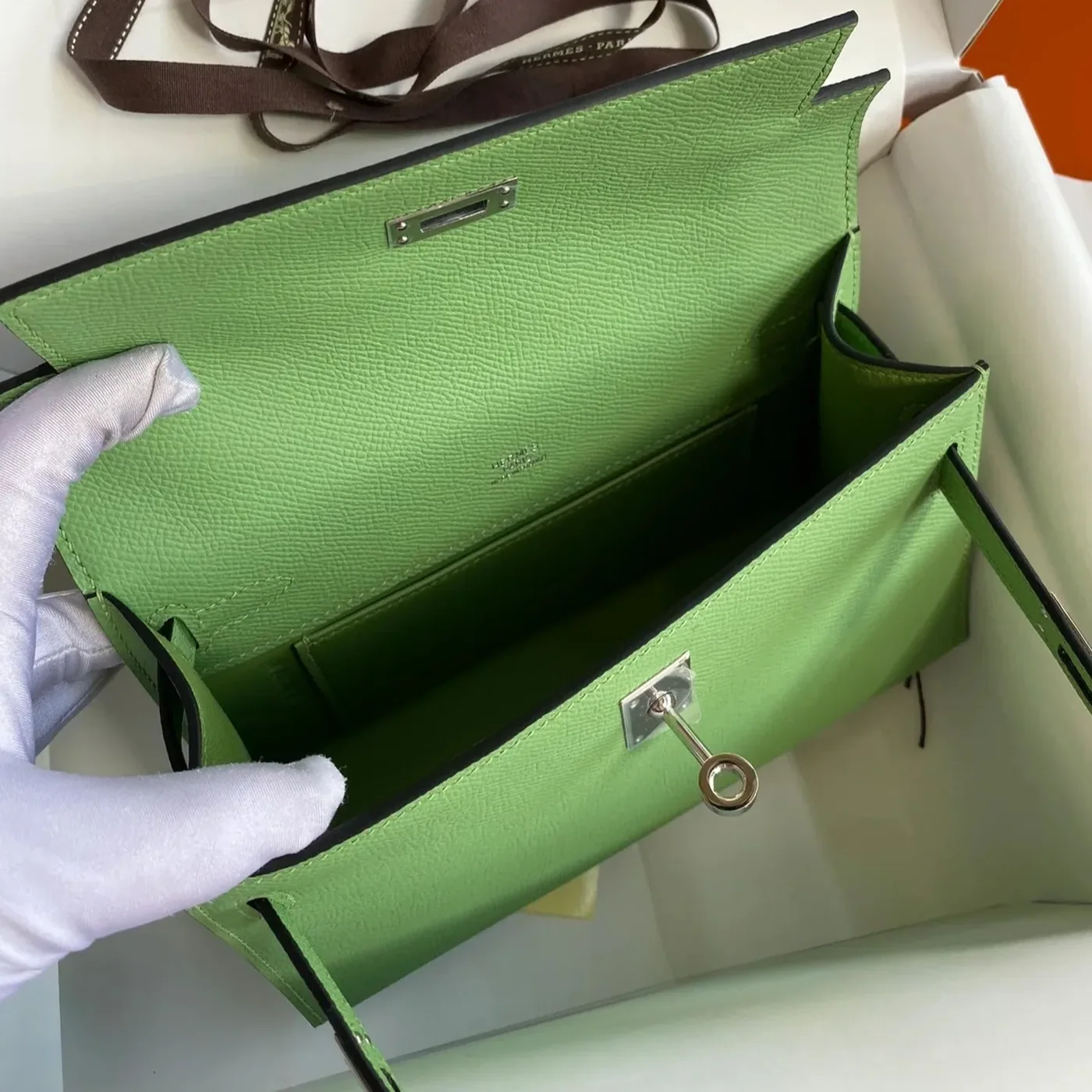 Hermes Kelly Pochette Top Handle Bag in Green Epsom Palladium Hardware