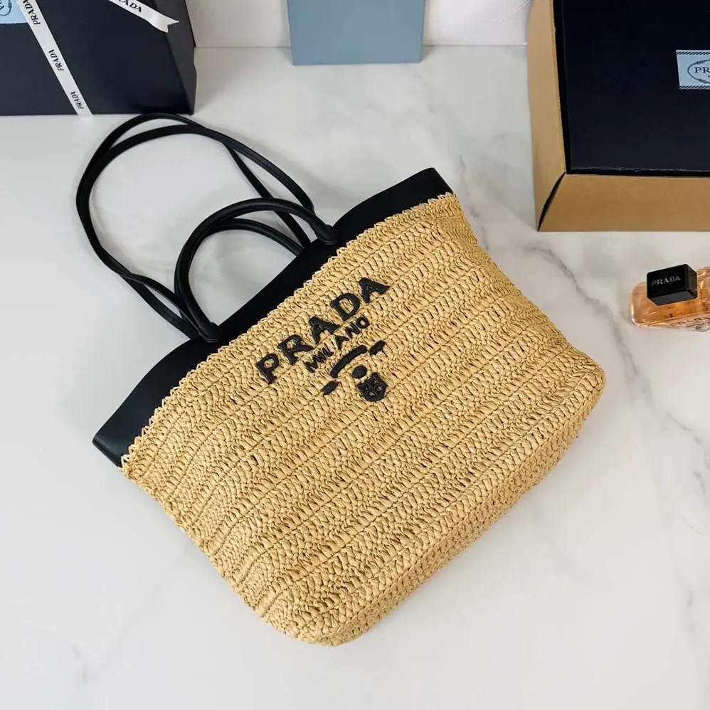 Prada Medium Crochet and Leather Tote Bag for Women in Black