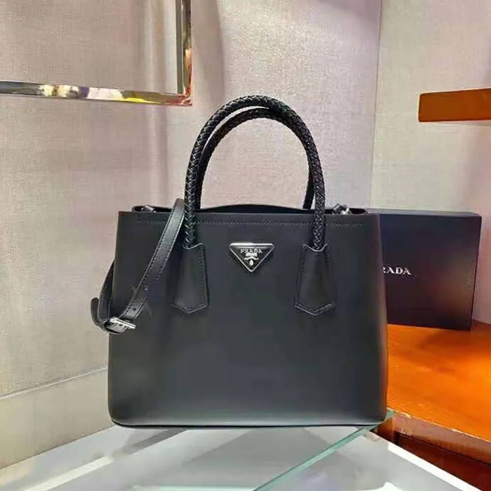Prada Prada Double Medium Leather Handbag for Women in Black Prada Prada Double Medium Leather Handbag for Women in Black