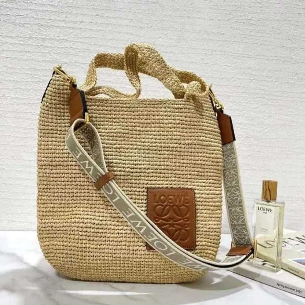 Loewe Mini Slit Bag in Raffia and Calfskin for Women in Beige