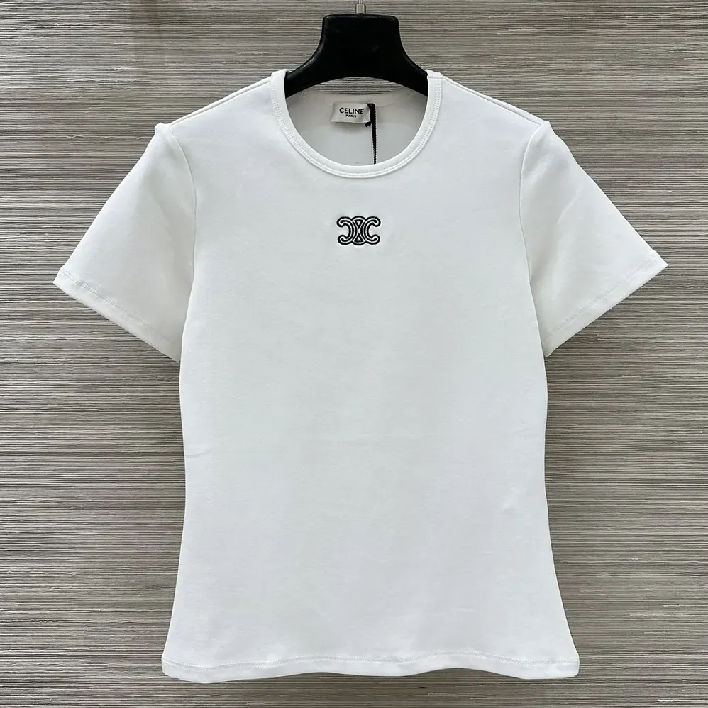 Celine Triomphe T-Shirt In Ribbed Cotton Jersey for Women in White Celine Triomphe T-Shirt In Ribbed Cotton Jersey for Women in White