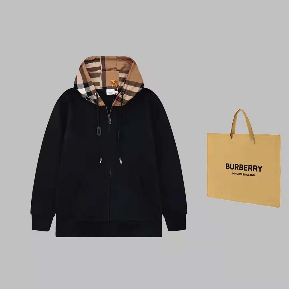 Burberry Check Trim Cotton Zip Hoodie for Women in Black