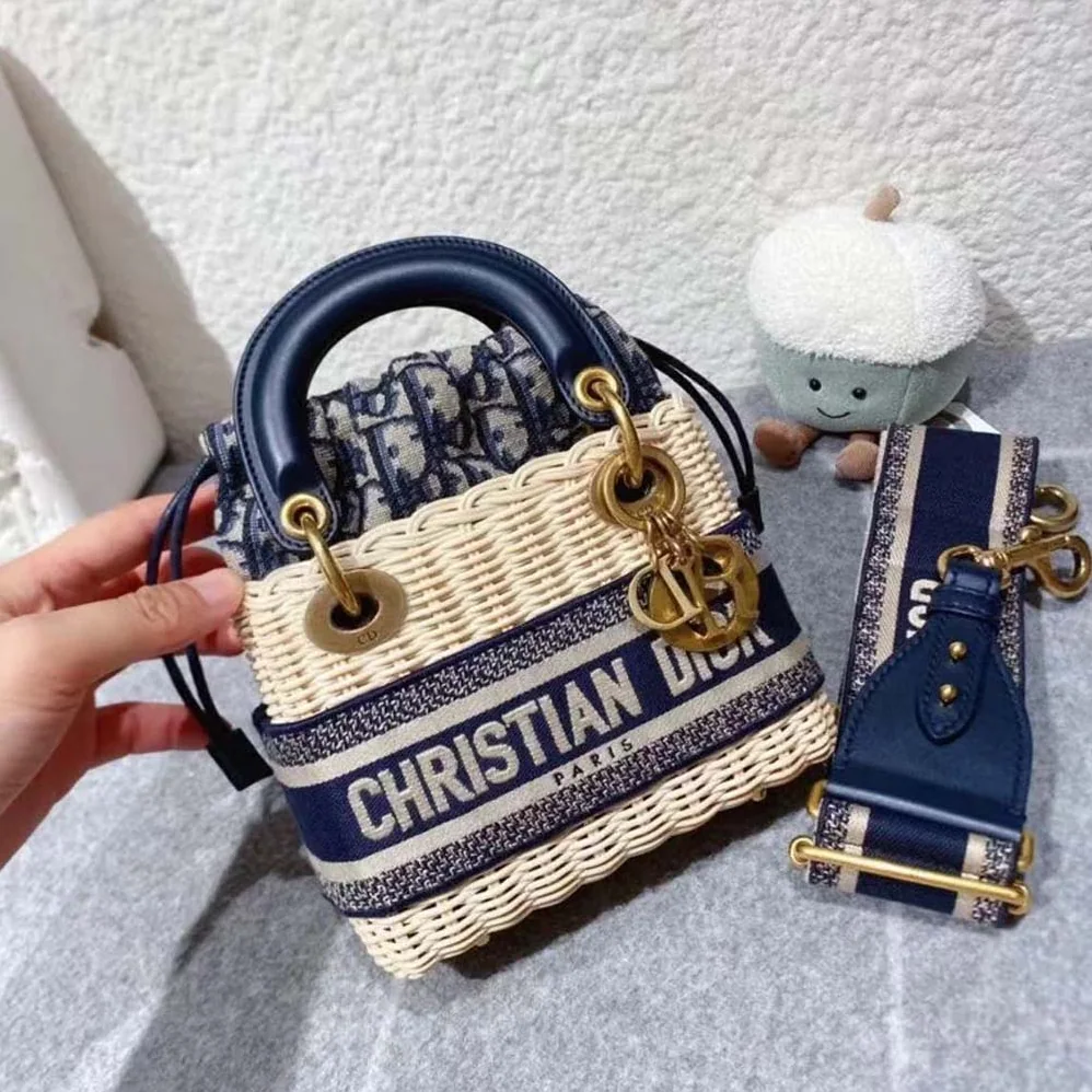 Dior Small Lady Dior Bag Natural Wicker and Blue Dior Oblique Jacquard for Women