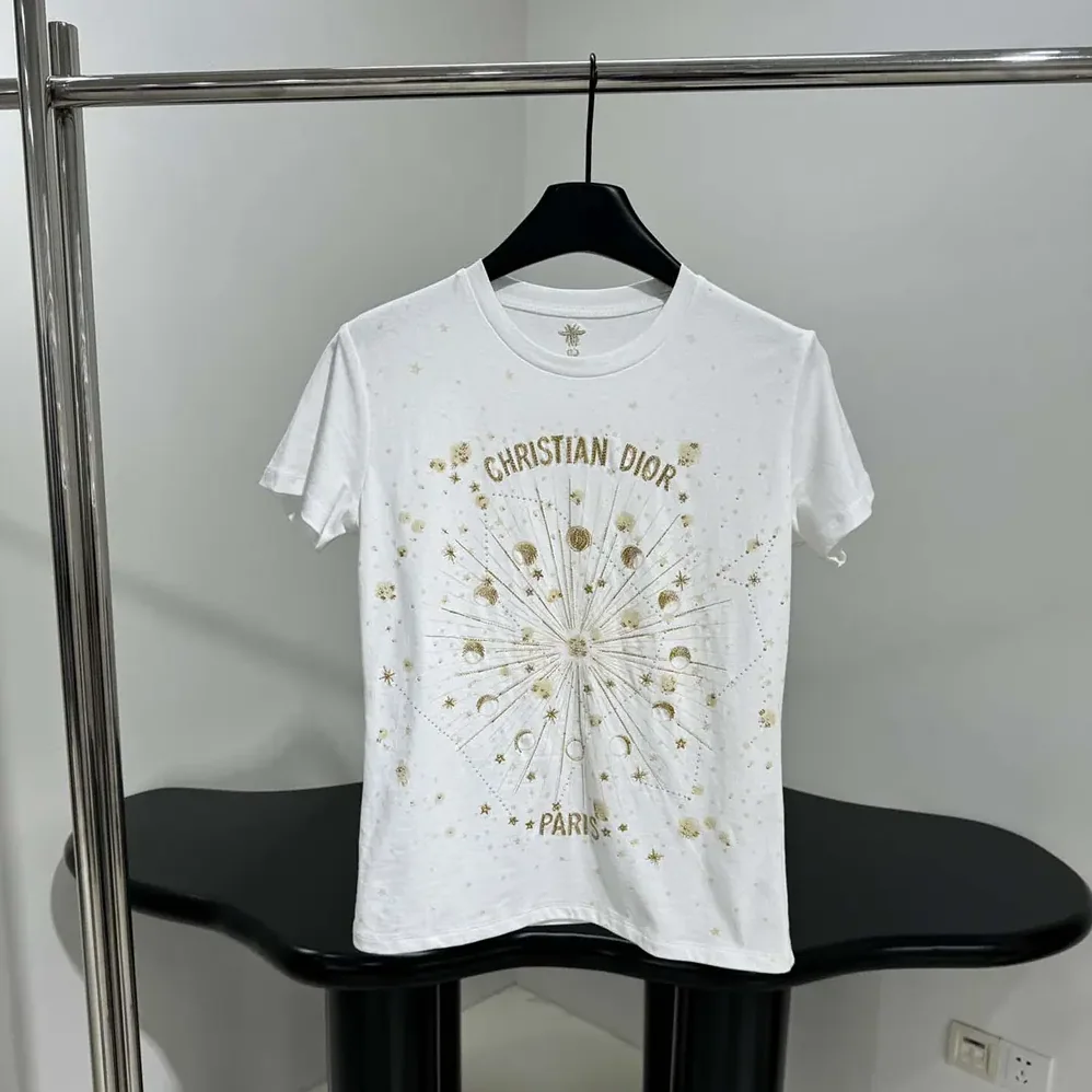 Dior Embroidered T-Shirt White Cotton Jersey with Gold for Women in Tone Dior Astral Motif