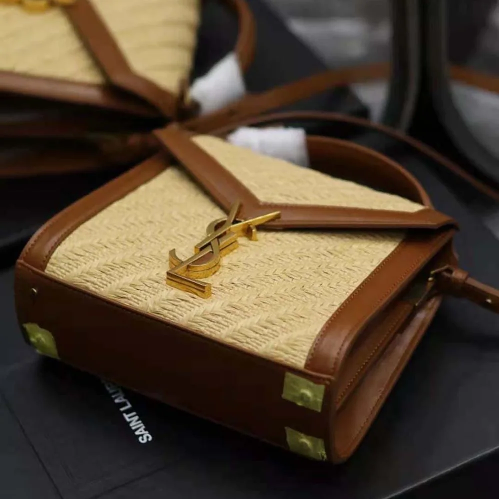 Saint Laurent YSL Cassandra Mini Top Handle Bag in Raffia and Vegetable for Women in tanned Leather Saint Laurent YSL Cassandra Mini Top Handle Bag in Raffia and Vegetable for Women in tanned Leather