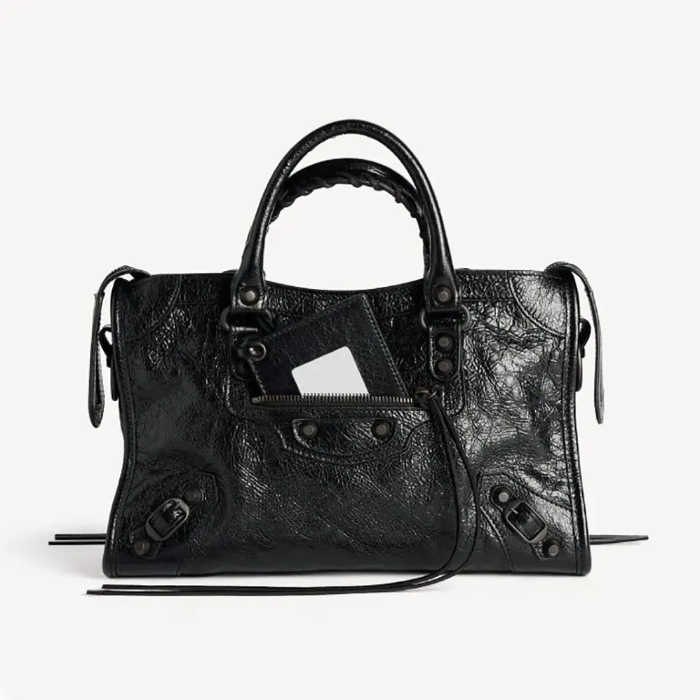 Balenciaga Le City Bag Small in Black Arena Lambskin Brass Hardware for Women