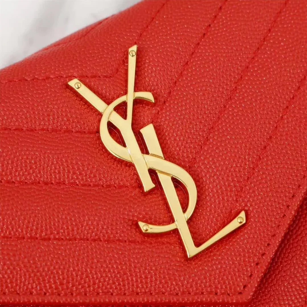 Saint Laurent YSL Medium Monogram Envelope Chain Wallet Gold Hardware in Red