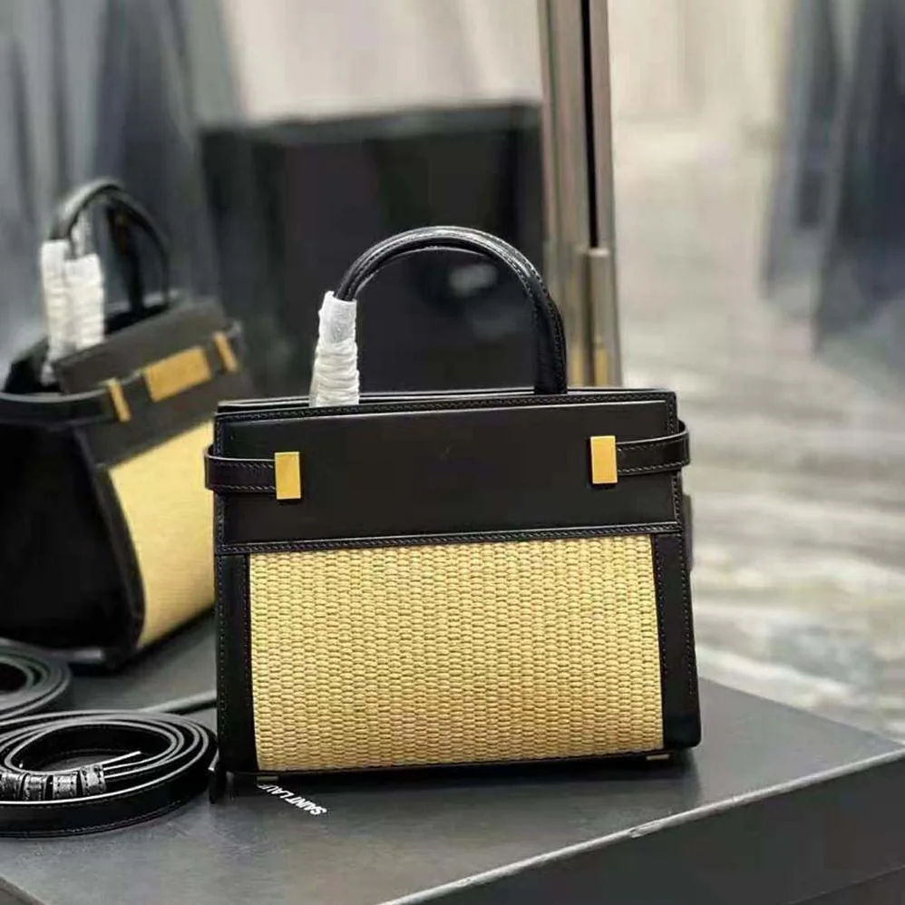 Saint Laurent YSL Manhattan Nano Shopping Bag in Raffia and Smooth Leather for Women in Black