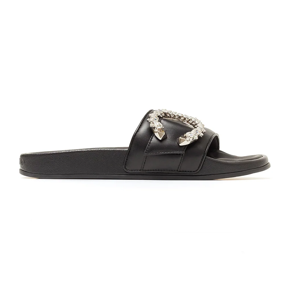 Jimmy Choo Fallon Black Nappa Leather Slides with Crystal Buckle for Women
