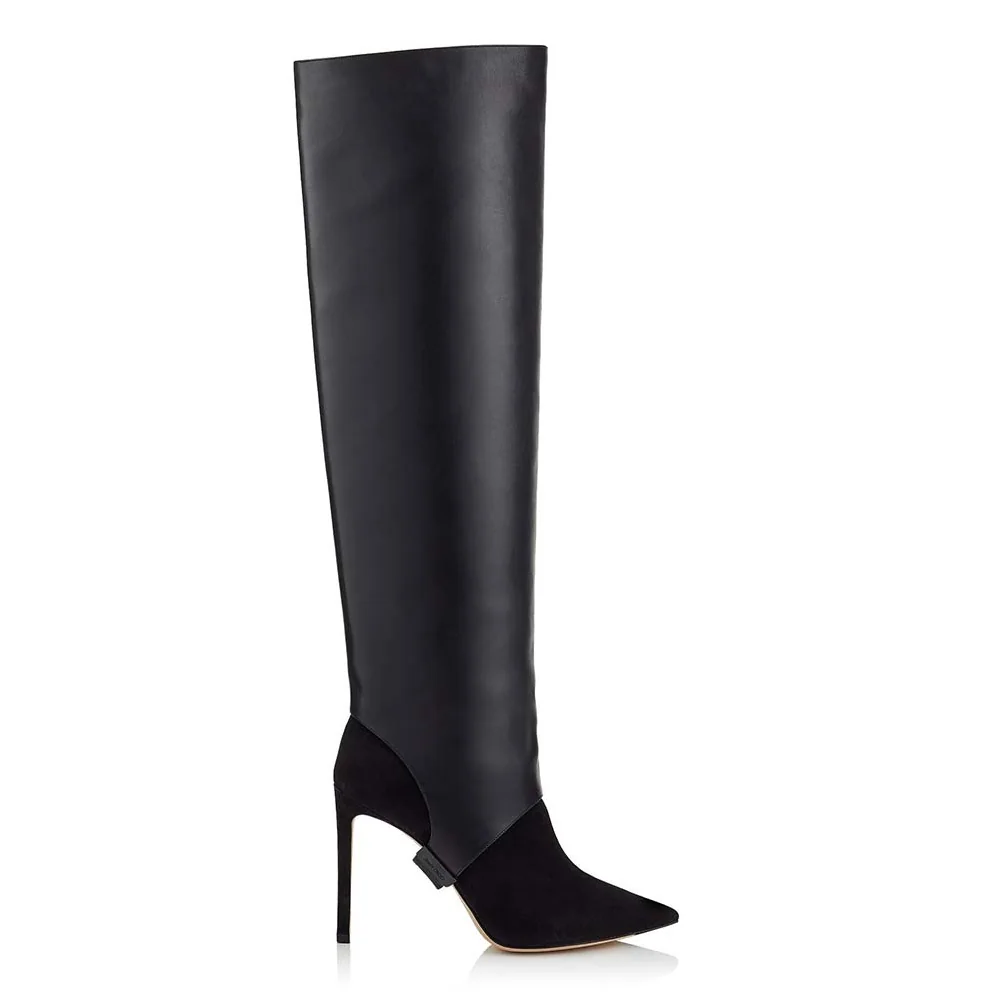 Jimmy Choo Shoes Hurley 100 Black Suede and Calf Leather Two-Piece Knee for Women in High Booties Jimmy Choo Shoes Hurley 100 Black Suede and Calf Leather Two-Piece Knee for Women in High Booties